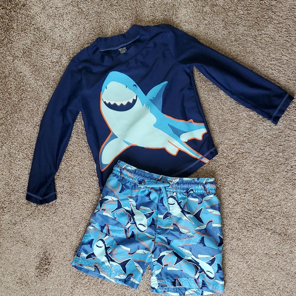 3T Shark Swim Set - Blue, Swim Trunks & Rash Guard Shirt, Carter's